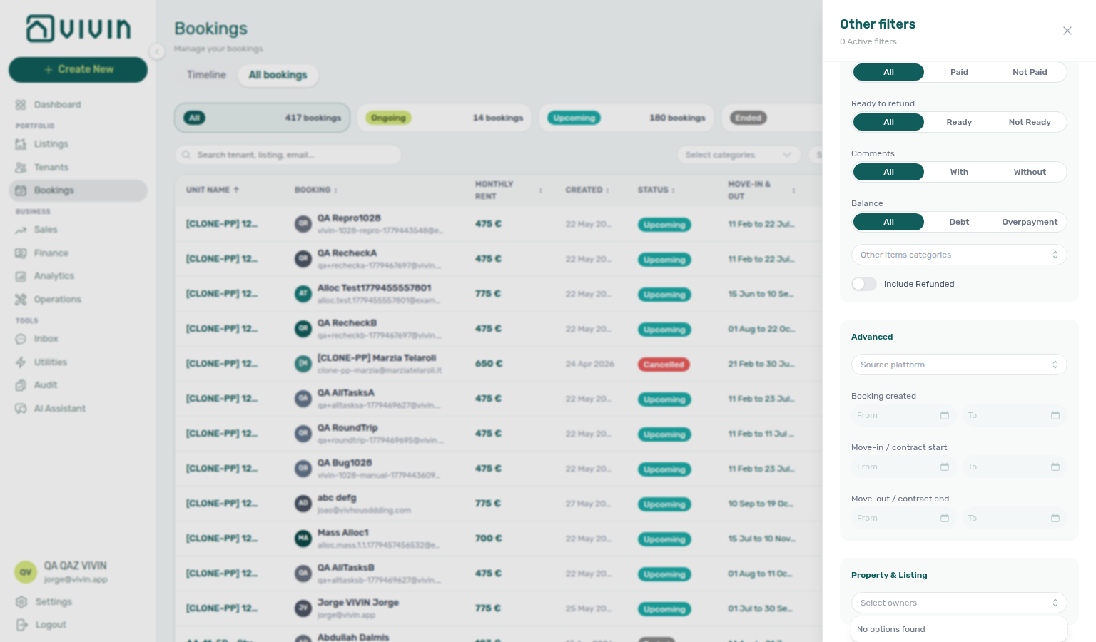 Bookings list — Other filters Select owners showing No options found on default Unit Name sort