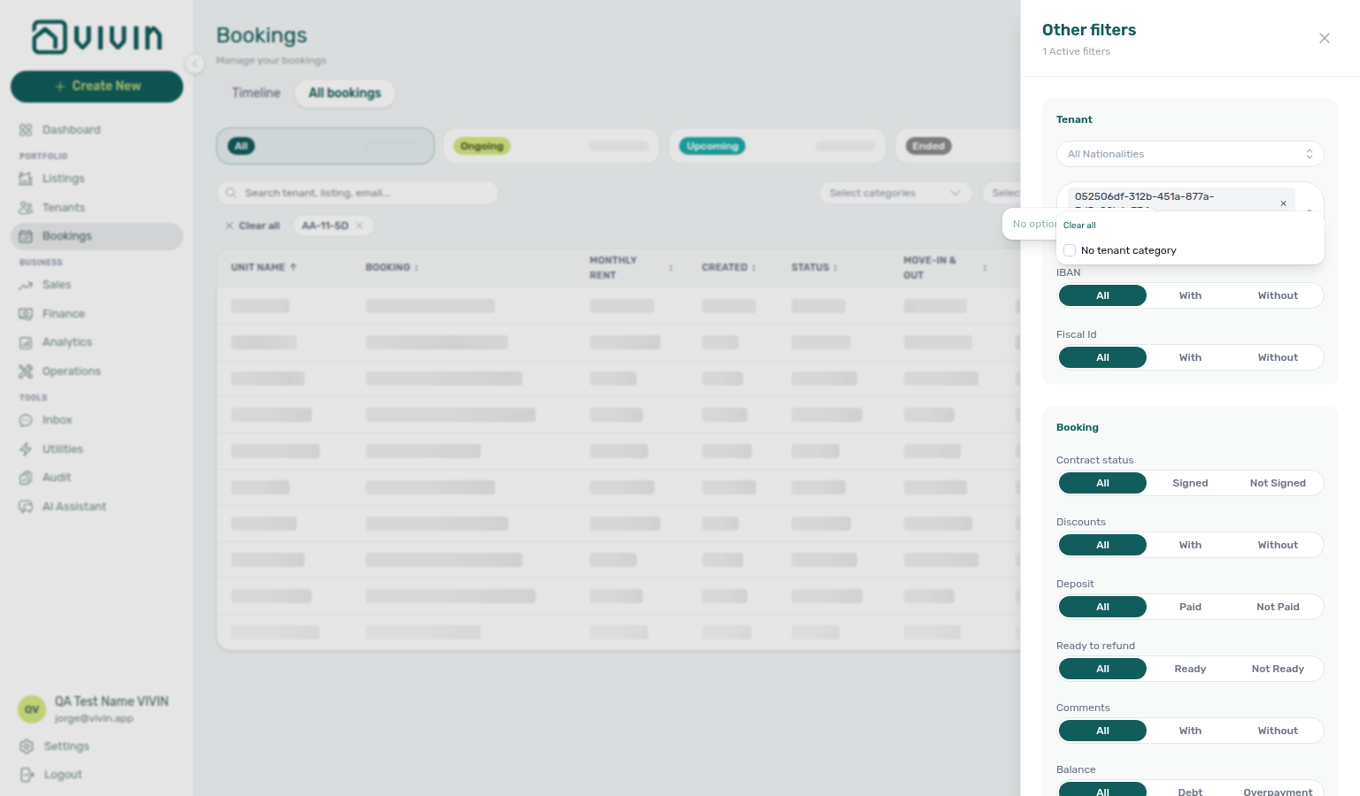 Bookings list — Other filters drawer with Tenant category multi-select and one segment active