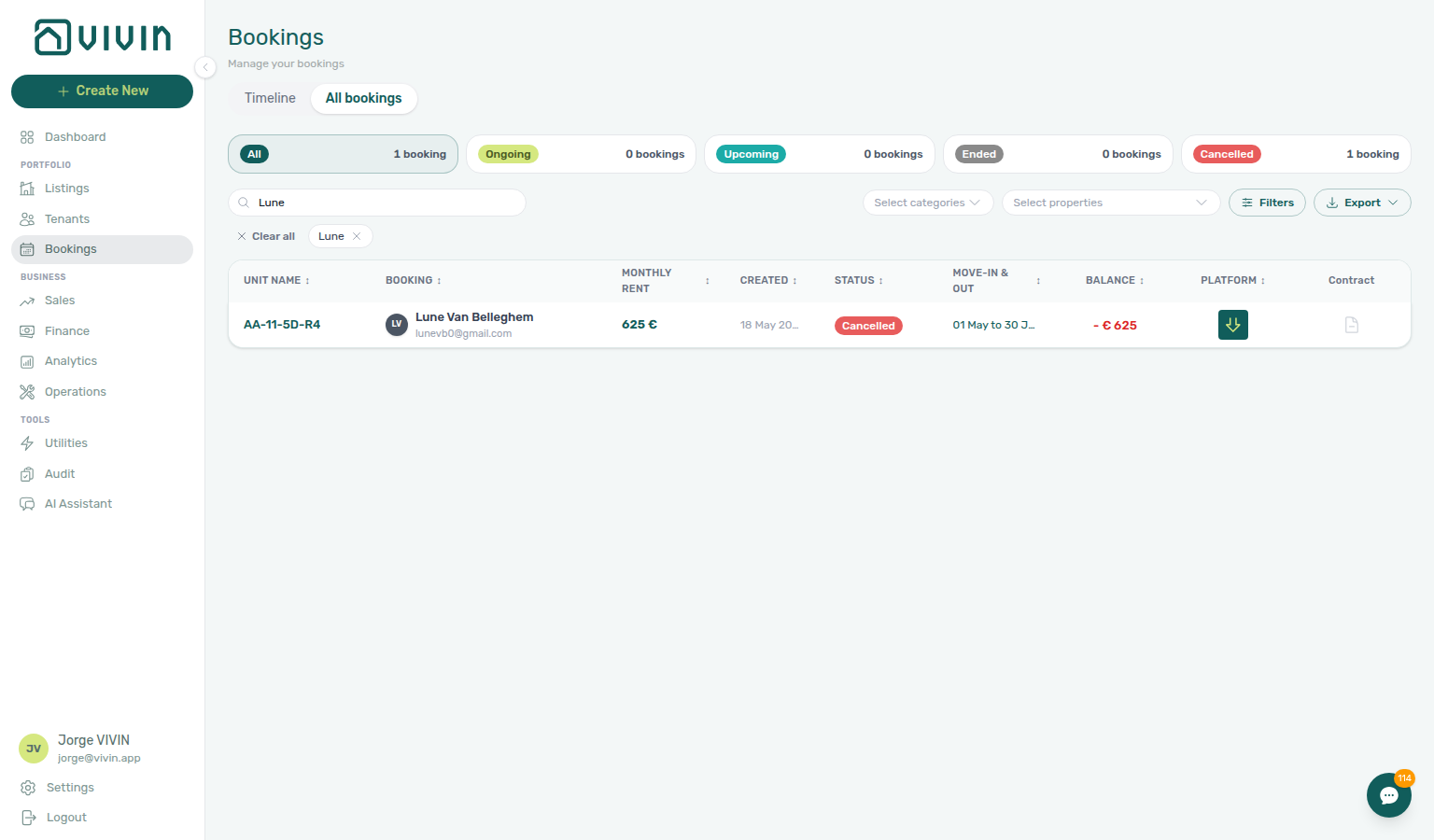 Bookings list — toolbar Search pre-filled from /bookings?q= with filtered rows visible after load