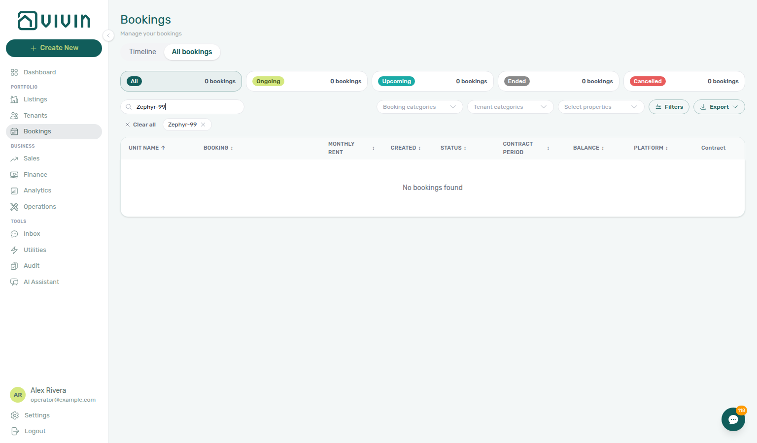 Bookings list — All bookings table after the same empty search (No bookings found)