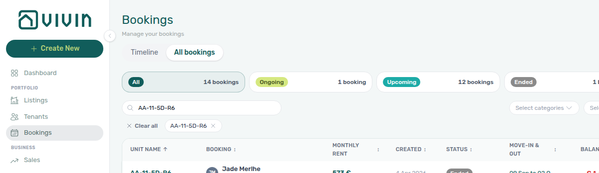 Bookings list — toolbar Search narrowed by unit internal name (unit matches ranked first)