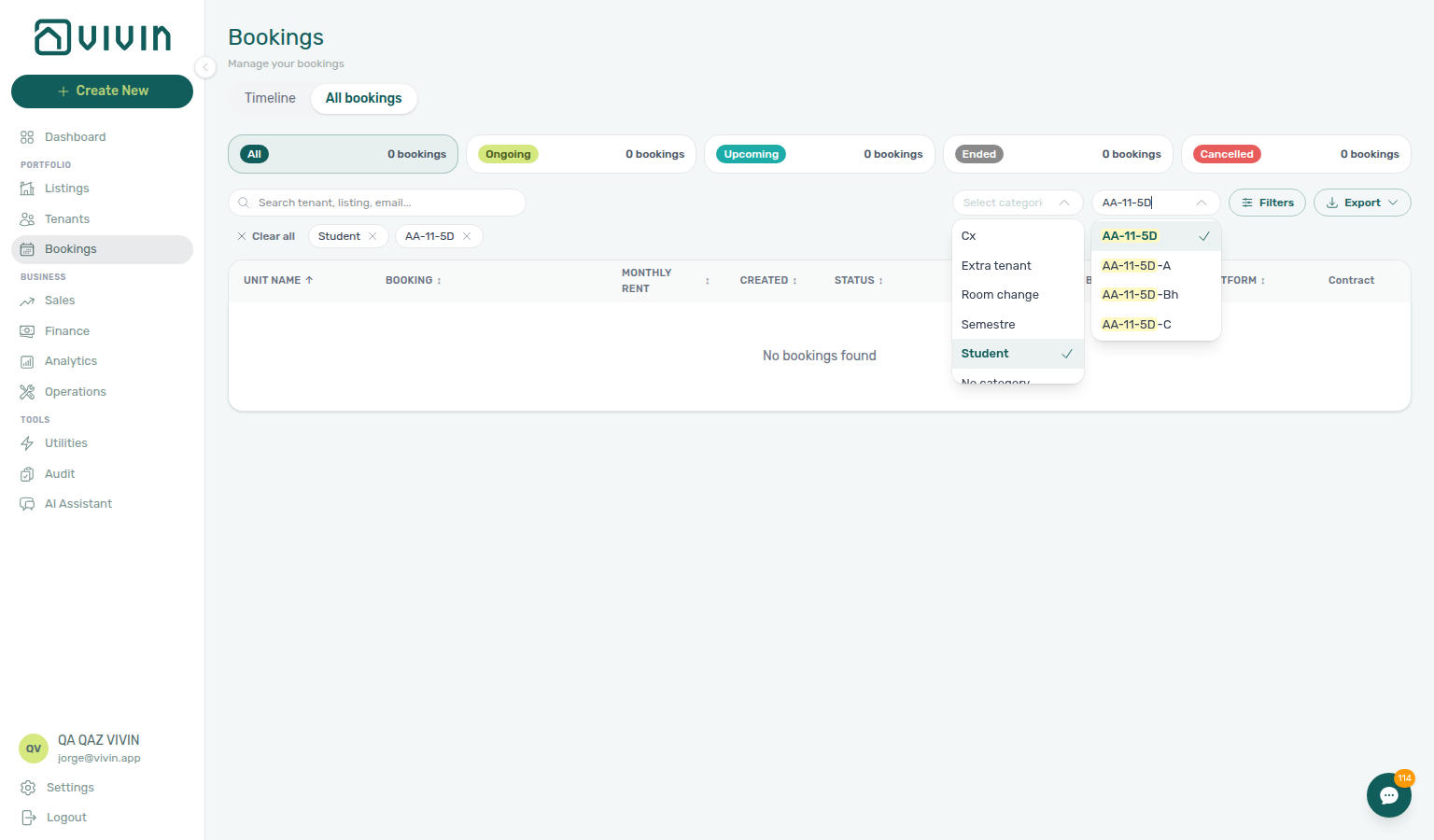Bookings list — Select categories with the Student tag chip active and AA-11-5D property scope on the toolbar
