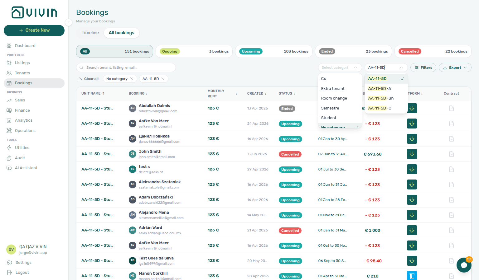 Bookings list — Select categories menu with No category selected and the No category chip on the toolbar
