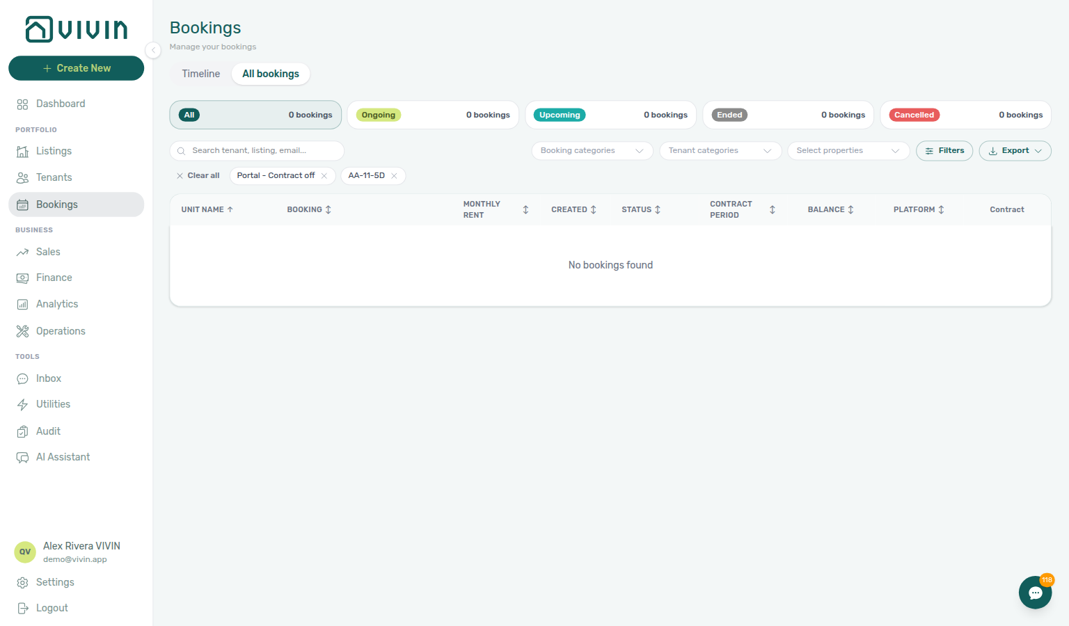 Bookings list — Portal - Contract off tenant-category chip with AA-11-5D property scope