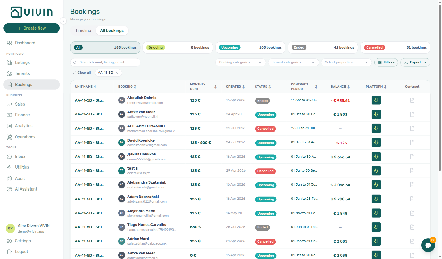 Bookings list — toolbar with Booking categories, Tenant categories, and Select properties beside Search (AA-11-5D chip)
