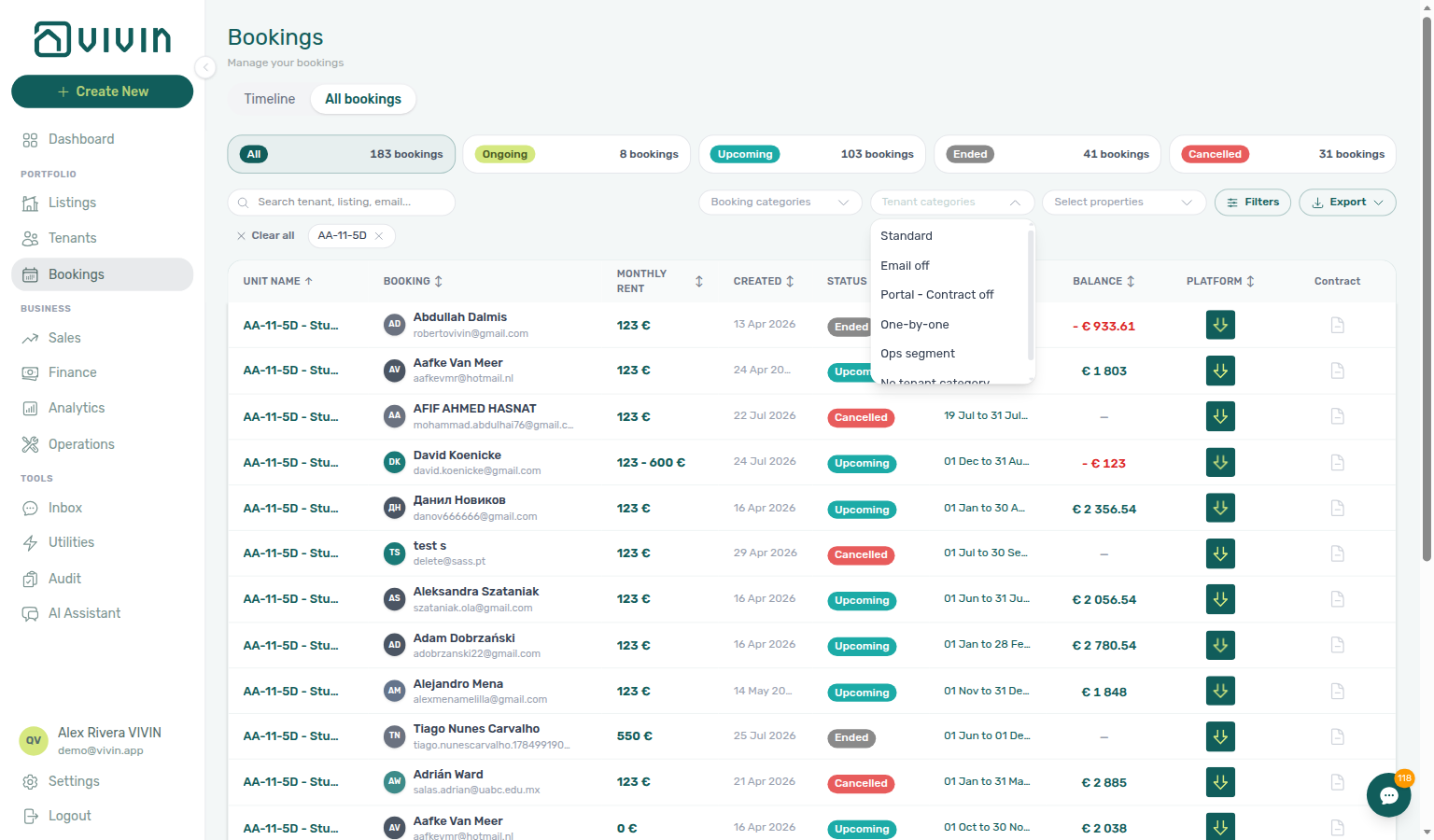 Bookings list — Tenant categories toolbar menu with segments listed beside Booking categories