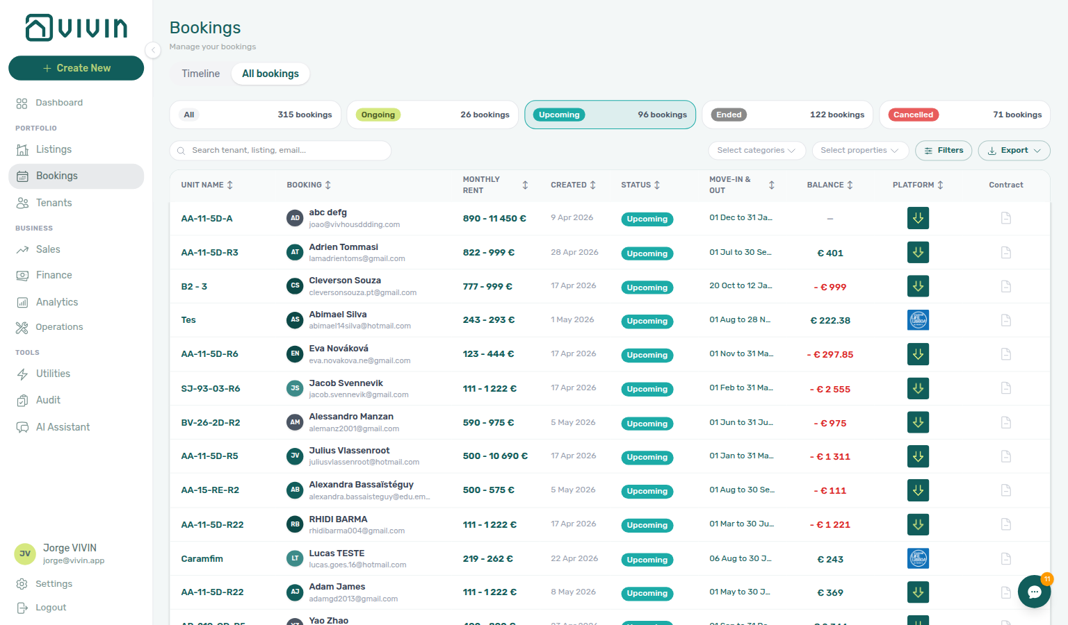 Bookings list — Upcoming filter with reservations that have not yet started