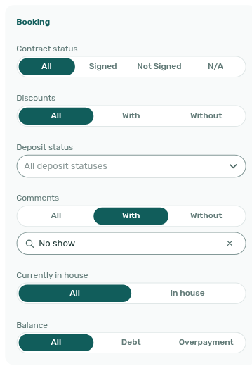 Bookings list — Other filters Comments With and Search in comments filled with No show