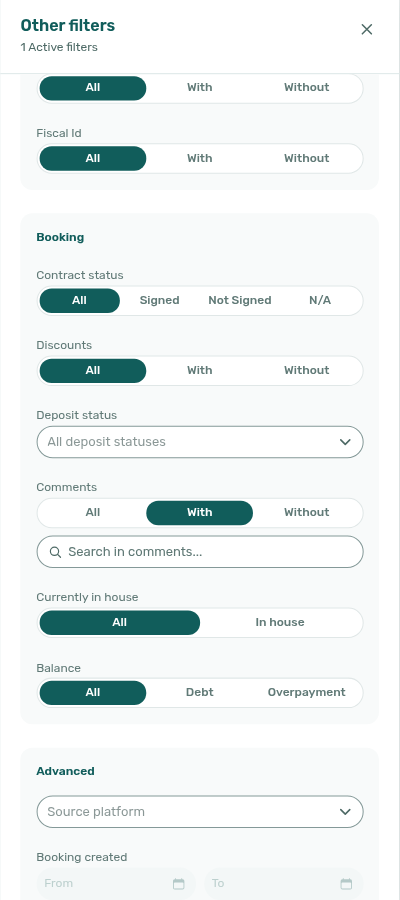 Bookings list — Other filters Comments With with Search in comments field