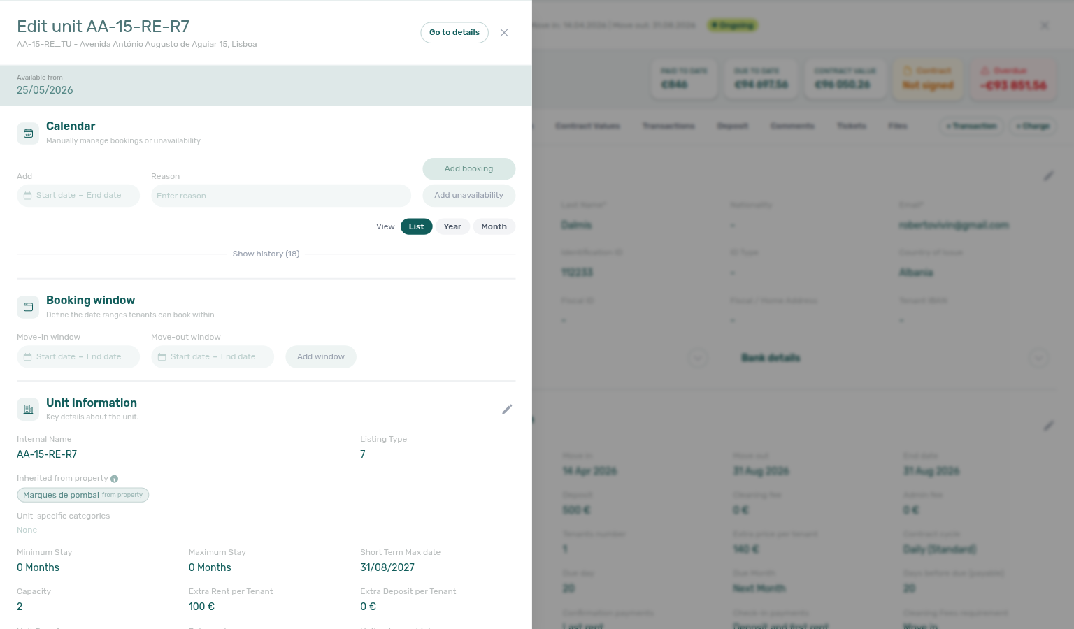 Bookings Timeline — booking detail sidebar opened from a bar click (Contract Info tab)
