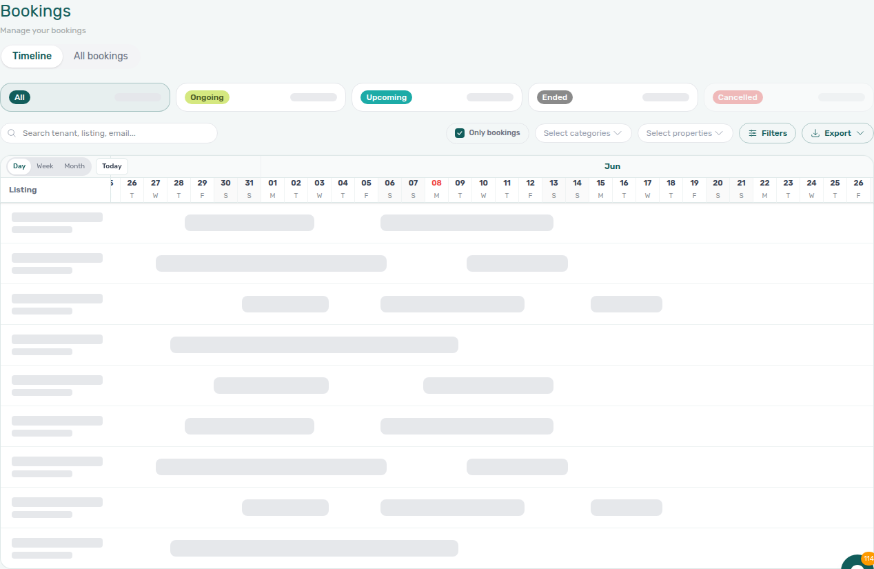 Bookings Timeline — initial load with full-chart skeleton (shimmer unit labels and placeholder bars until the first listing page and booking bars settle)