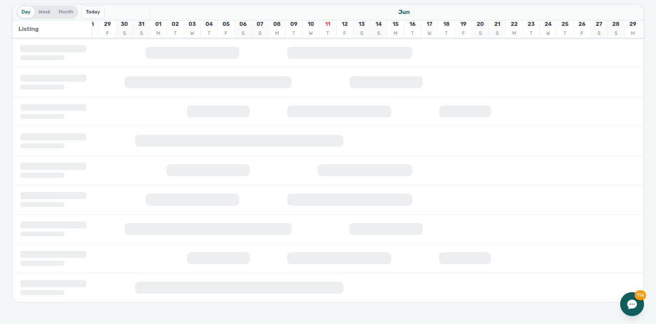 Bookings Timeline — listing-axis skeleton rows while the next unit page loads (booking bars may already be visible on the chart)