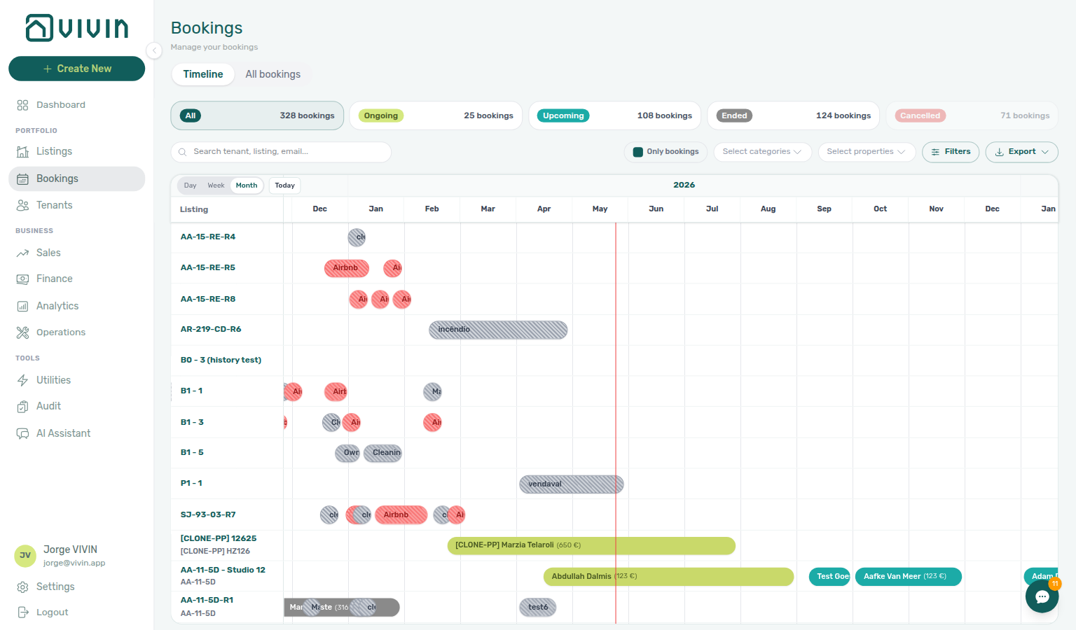 Bookings Timeline — Month scale with month columns on the horizontal axis