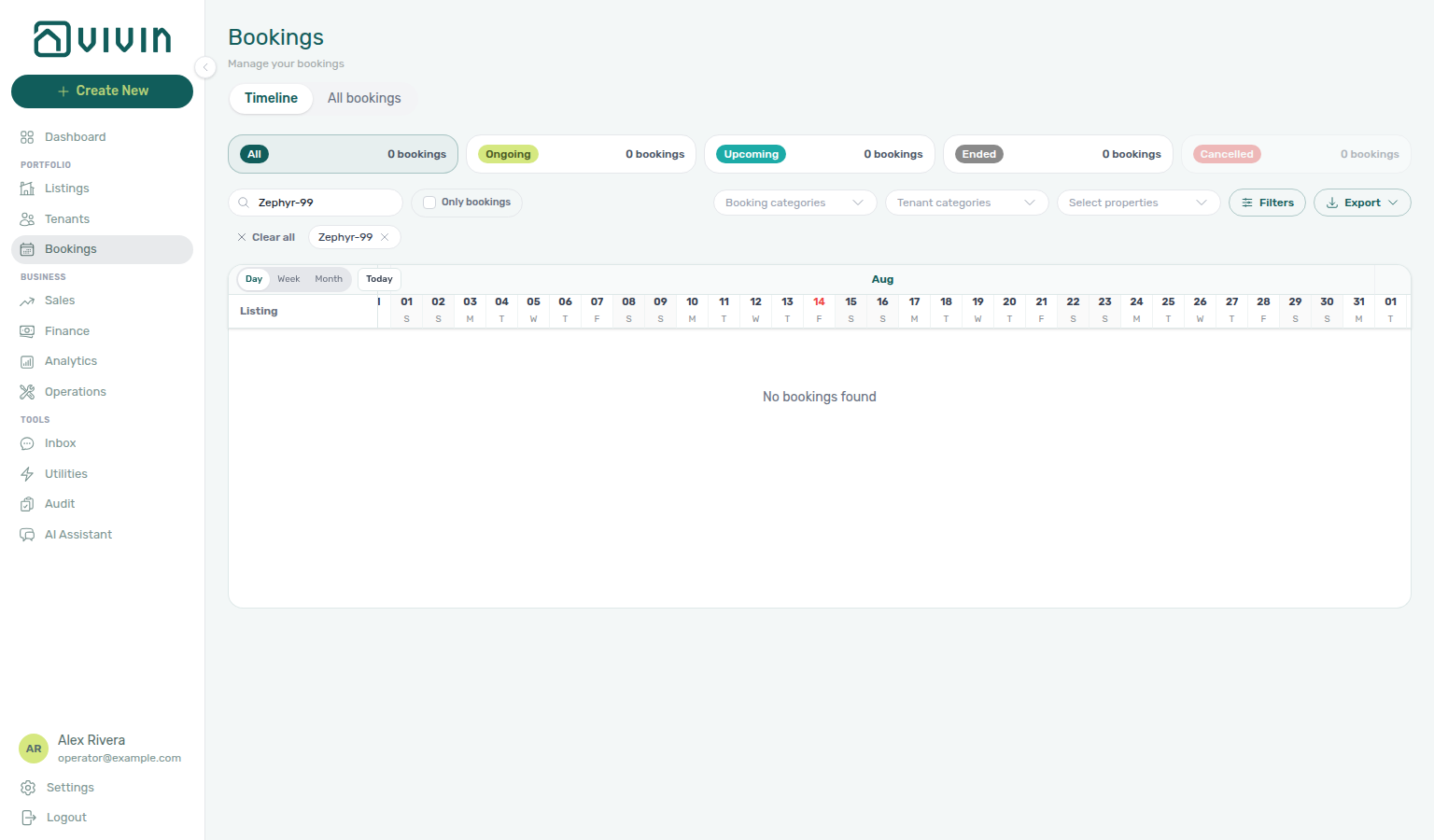 Bookings Timeline — search with no matches (Zephyr-99): empty listing axis, date header stays, No bookings found