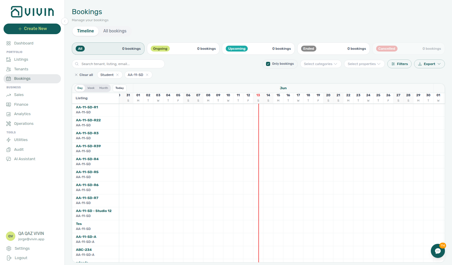 Bookings Timeline — Student booking-tag chip on the toolbar with AA-11-5D property scope and Gantt rows
