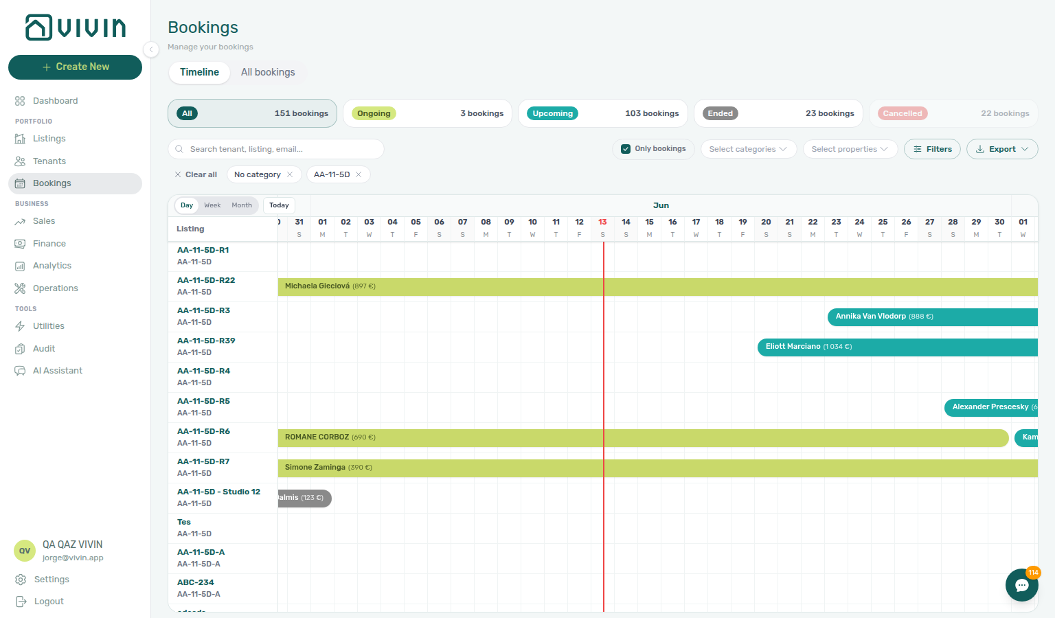 Bookings Timeline — No category chip on the toolbar with AA-11-5D property scope and Gantt rows