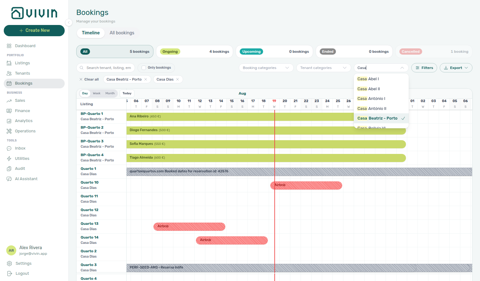 Bookings Timeline — Select properties still open after ticking Casa Beatriz - Porto and Casa Dias, with Casa typed in the control