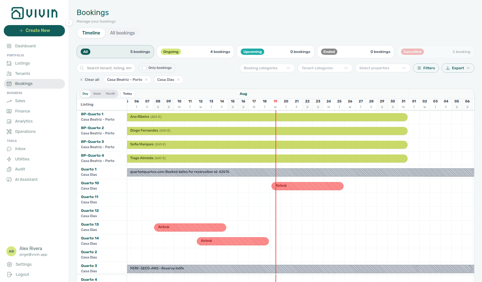Bookings Timeline — Casa Beatriz - Porto and Casa Dias chips, menu closed, Gantt showing both buildings