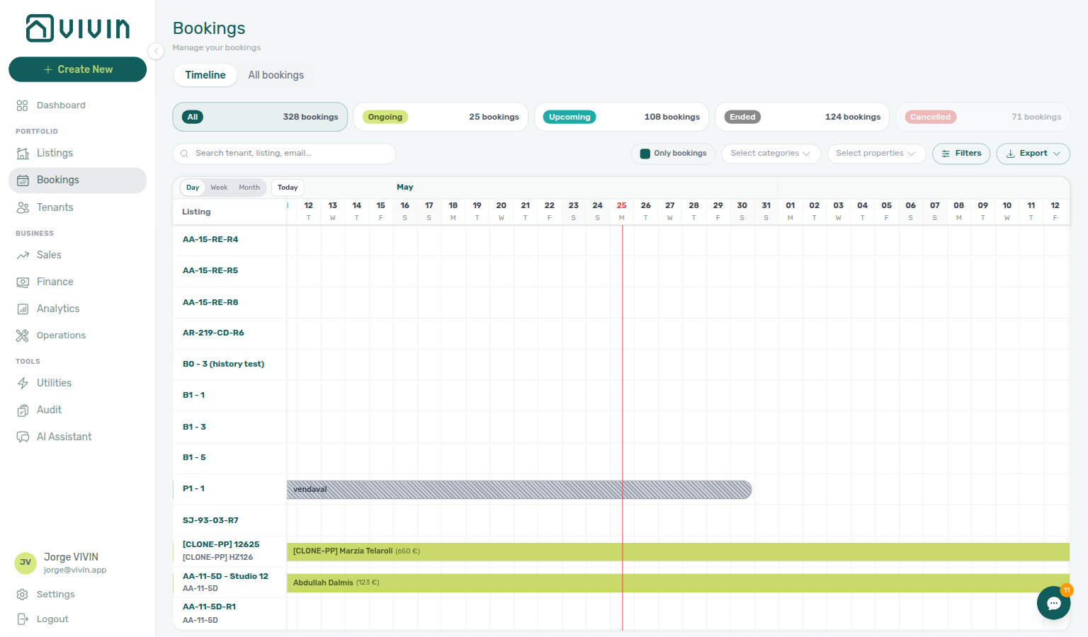 Bookings Timeline — unavailability blocks visible alongside booking bars after clearing Only bookings