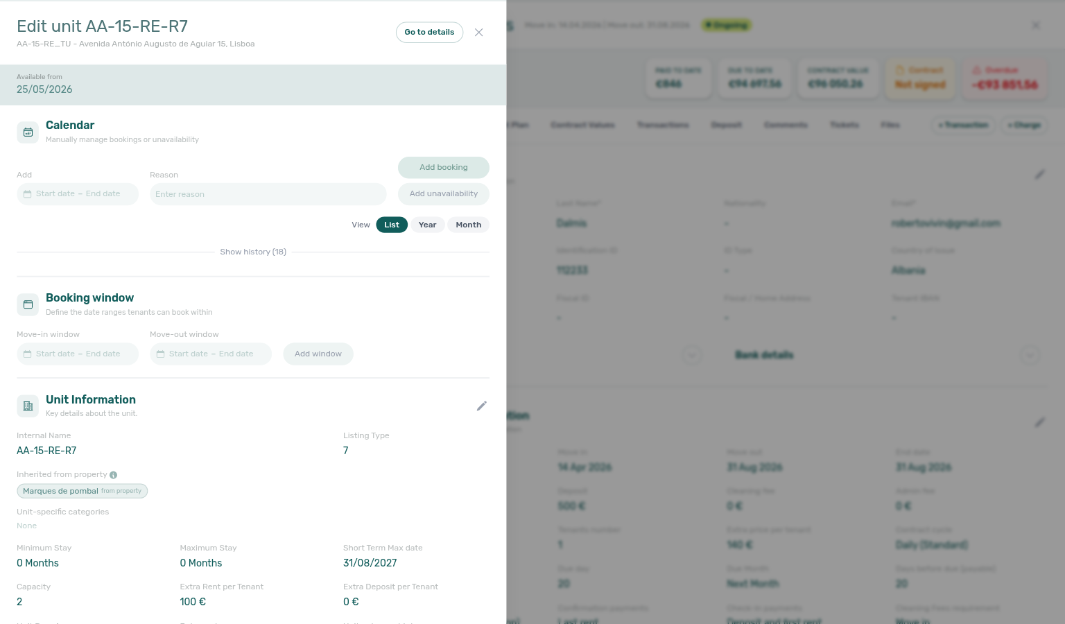 Bookings Timeline — Week scale with departure and arrival bars on one unit row