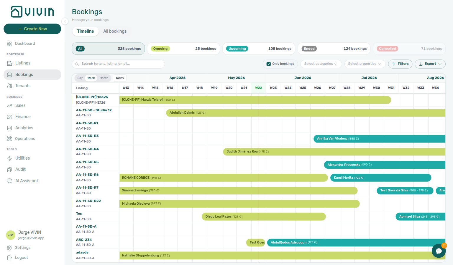 Bookings Timeline — Week scale with week columns on the horizontal axis