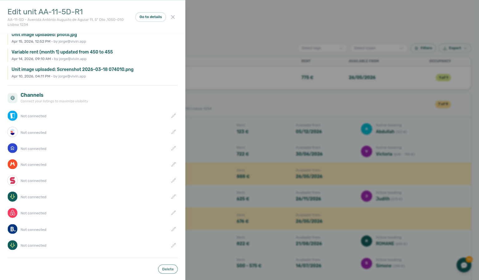 Listings — unit sidebar Channels section with platform logos and Not connected / edit controls (example unit AA-11-5D-R1)