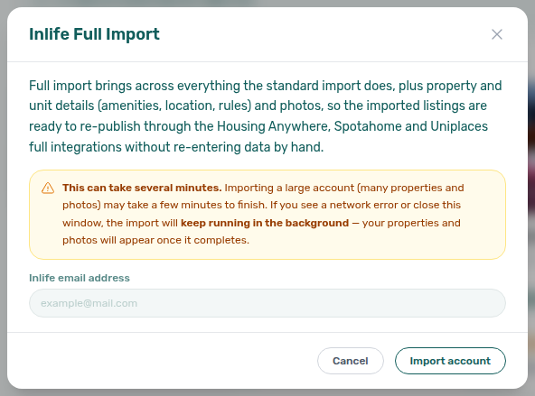 Create New — Inlife Full Import dialog with long-running warning, email field, and Import account