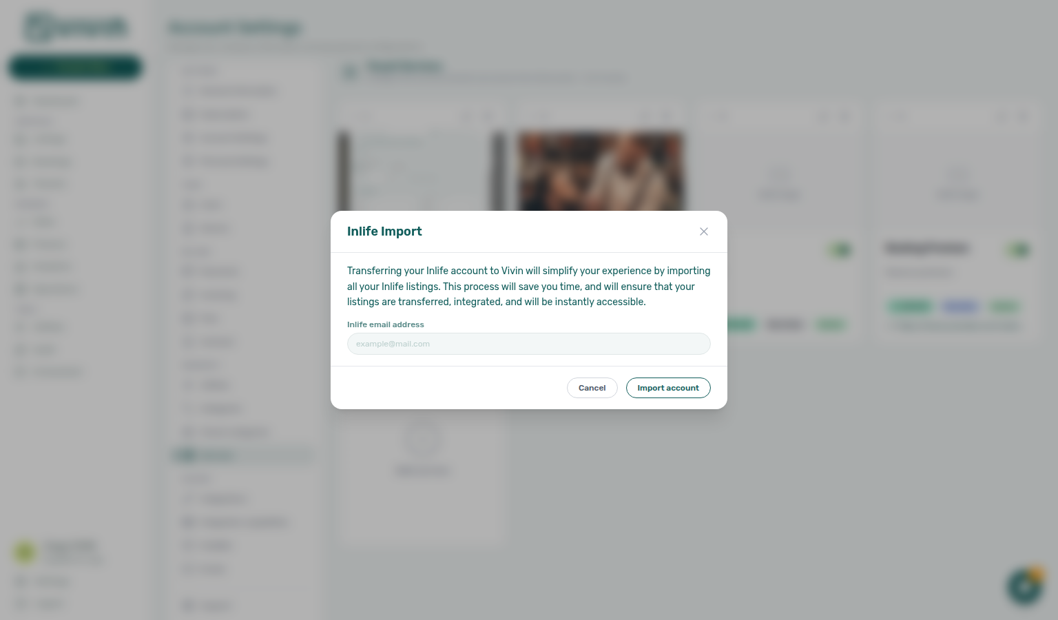 Create New — Inlife Import dialog with landlord email field, Import account, and Cancel
