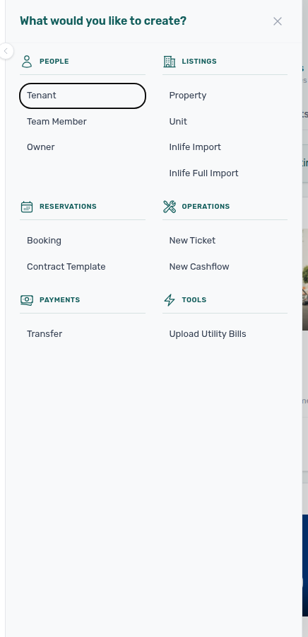 Create New slide-out — “What would you like to create?” with category grid and quick actions