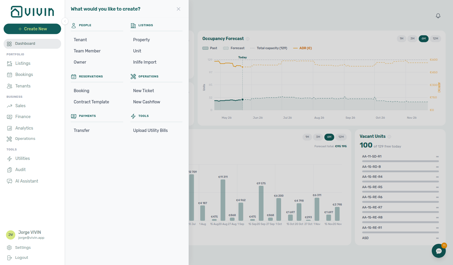 Create New slide-out — Tools category with Upload Utility Bills (Vivin internal accounts)