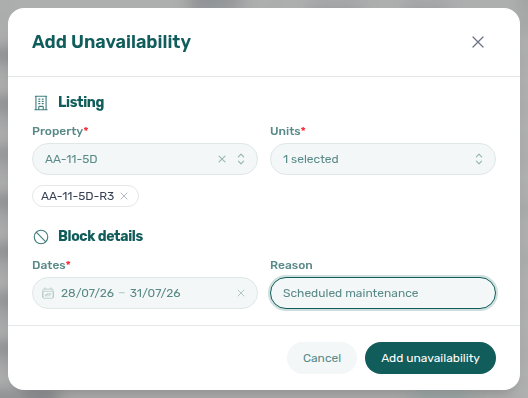 Add Unavailability modal — property, unit chip, date range, and reason