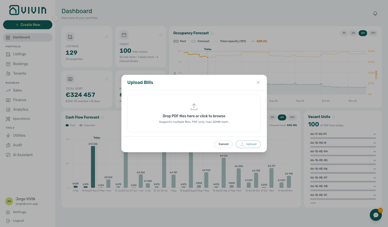 Upload Bills dialog from Create New — same AI extraction, reachable without opening Utilities first
