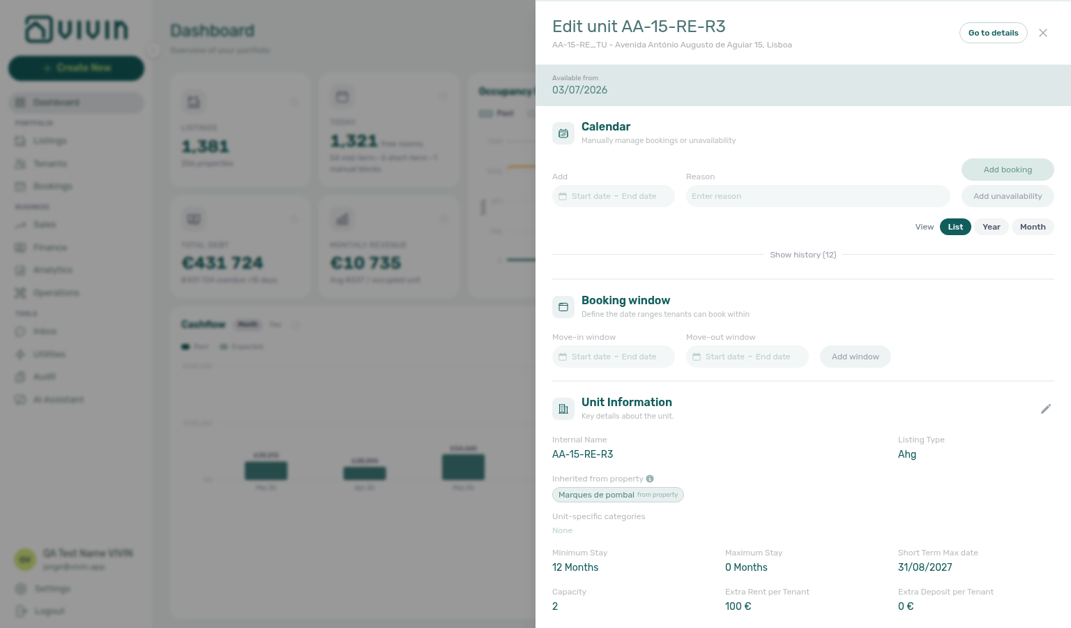 Dashboard — Vacant Units row opened the listing edit sidebar in place (listings-edit permission)