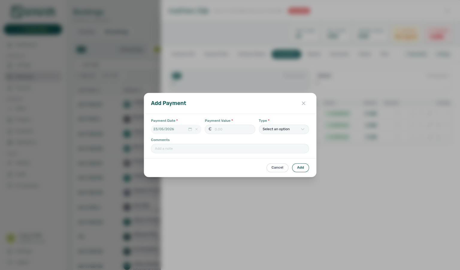 Add Payment modal from a booking — date, amount, method, and notes before submit