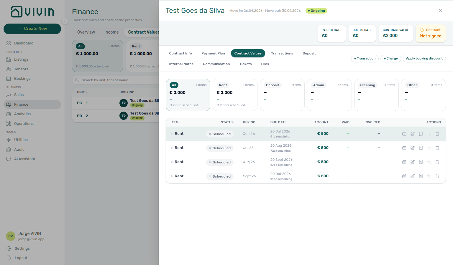Finance Contract Values — row click opens the booking sidebar on Contract Values with the matching charge ring-highlighted