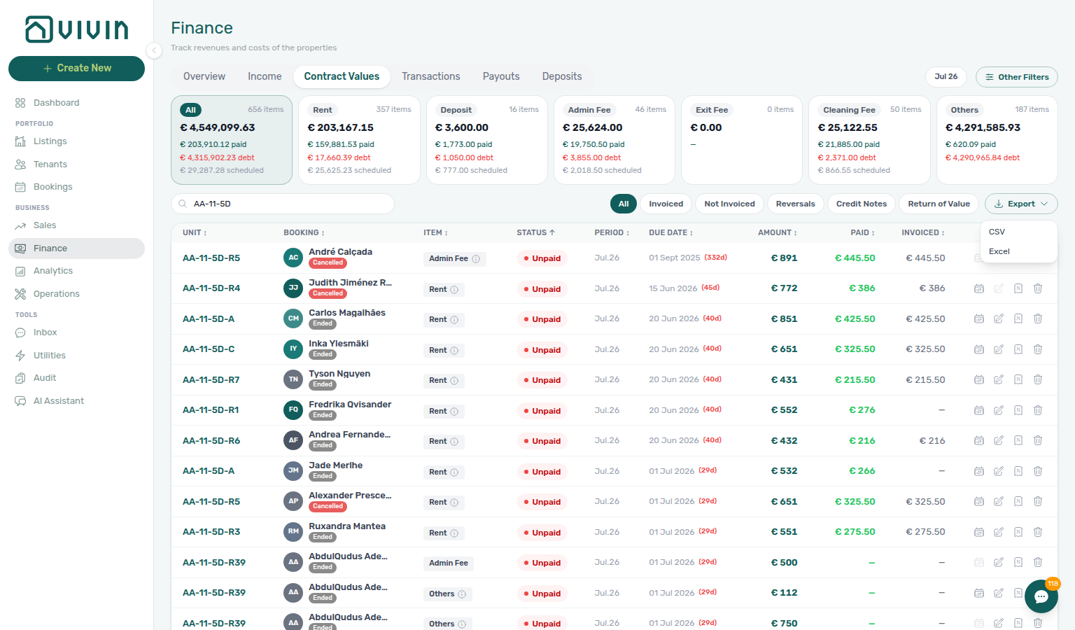 Finance Contract Values — Export menu (CSV / Excel); download is the full filtered set for the active month picker, Other filters, and search