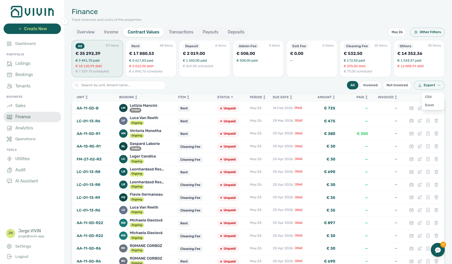 Finance Contract Values — Export menu (CSV / Excel); download reflects month picker, Other filters, and search