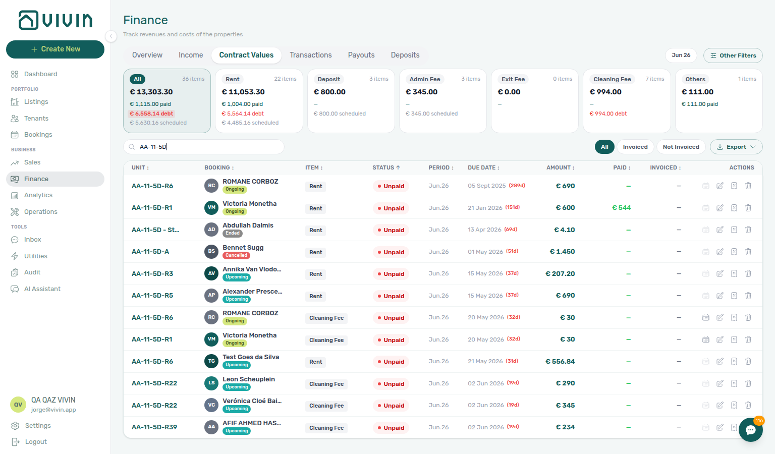 Finance — Contract Values with In Debt filter applied to prioritize overdue scheduled charges
