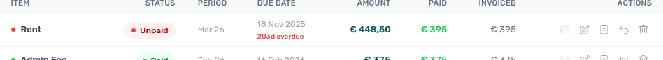 Booking Contract Values — disabled calendar icon on a move-in rent line (system-managed due date)