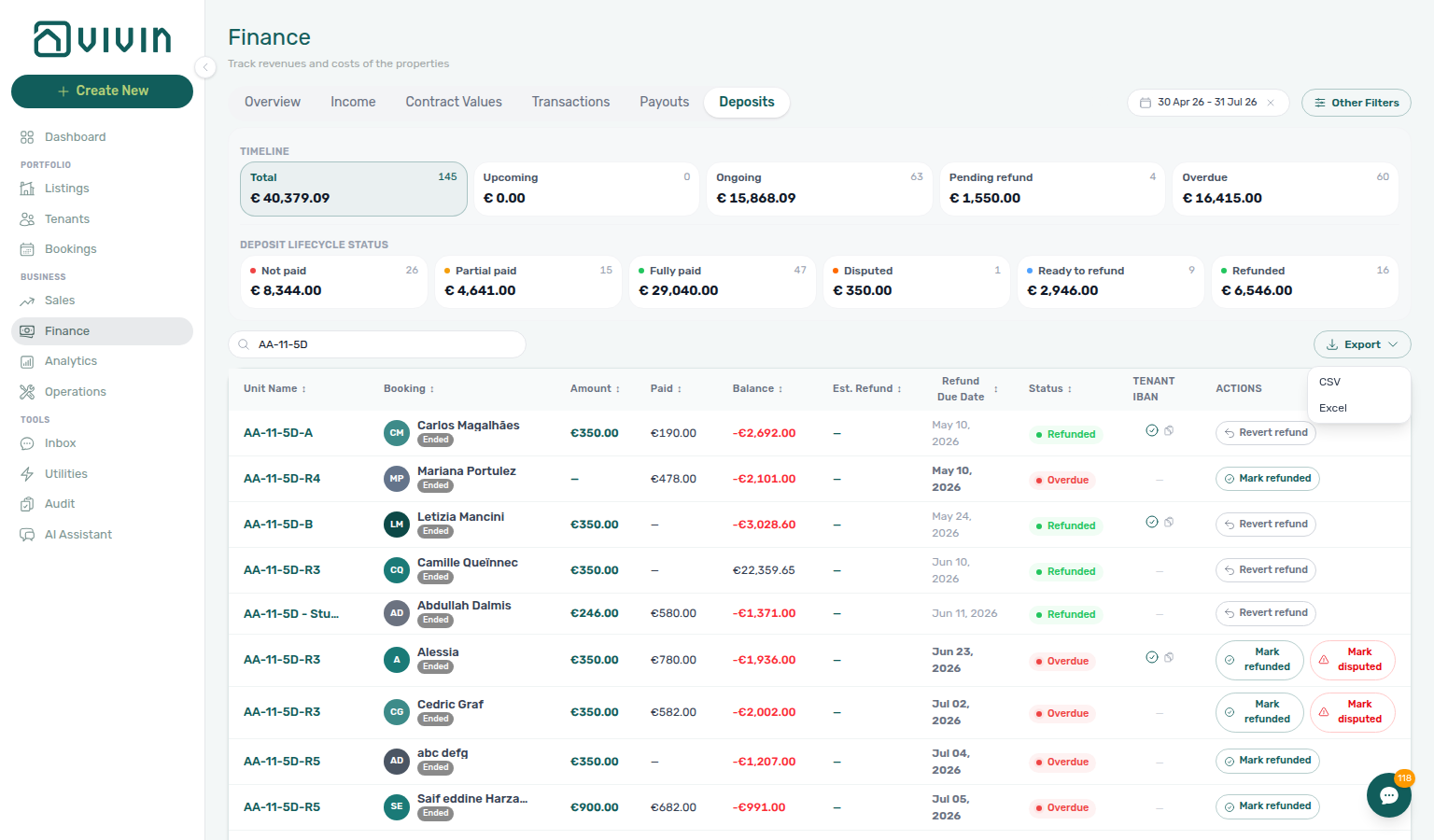 Finance Deposits — Export open on the first infinite-scroll page after a unit search; CSV/Excel still include the full filtered set