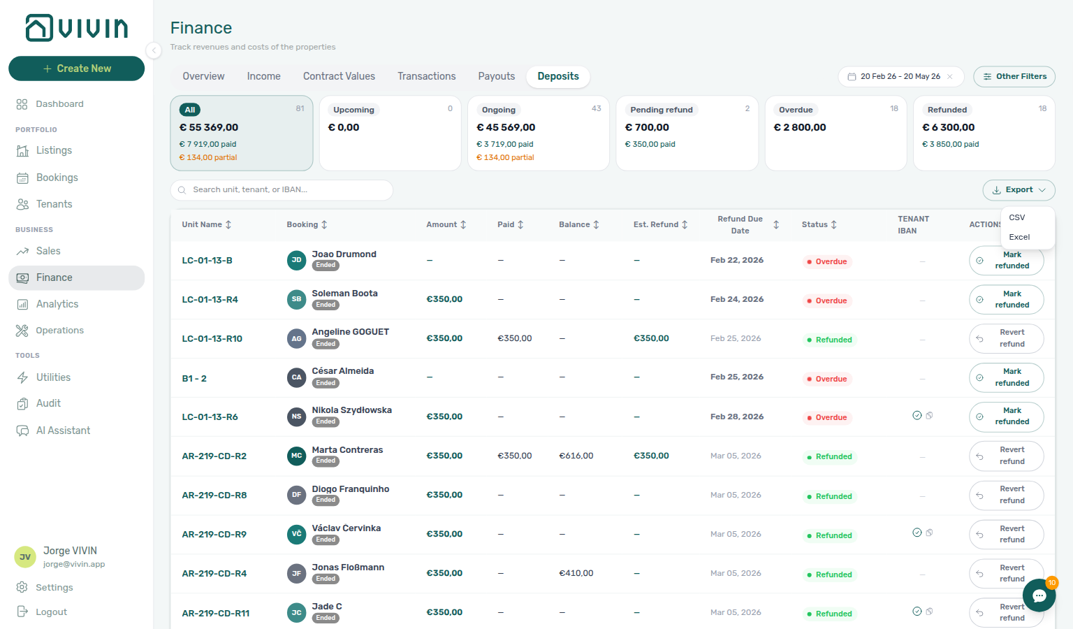 Finance Deposits — Export menu (CSV / Excel) on the Deposits tab; download reflects date range, status chips, search, and Other filters