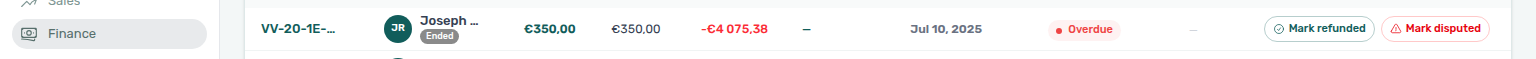 Finance Deposits — Mark disputed row chip on a fully collected deposit