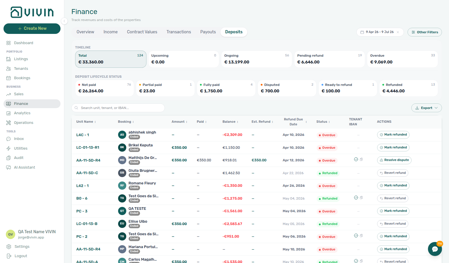 Finance — Deposits tab for refund and retention decisions