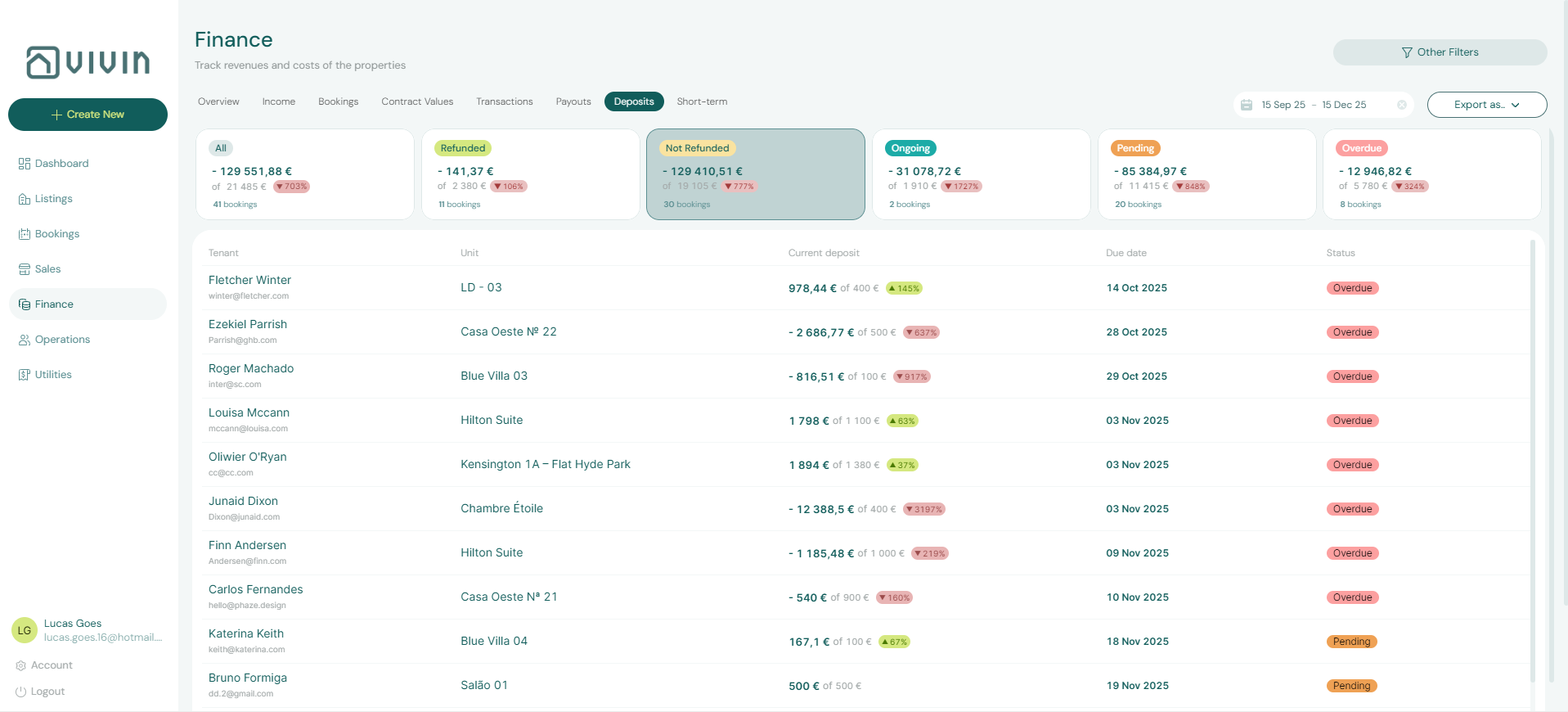 Finance Deposits Tab