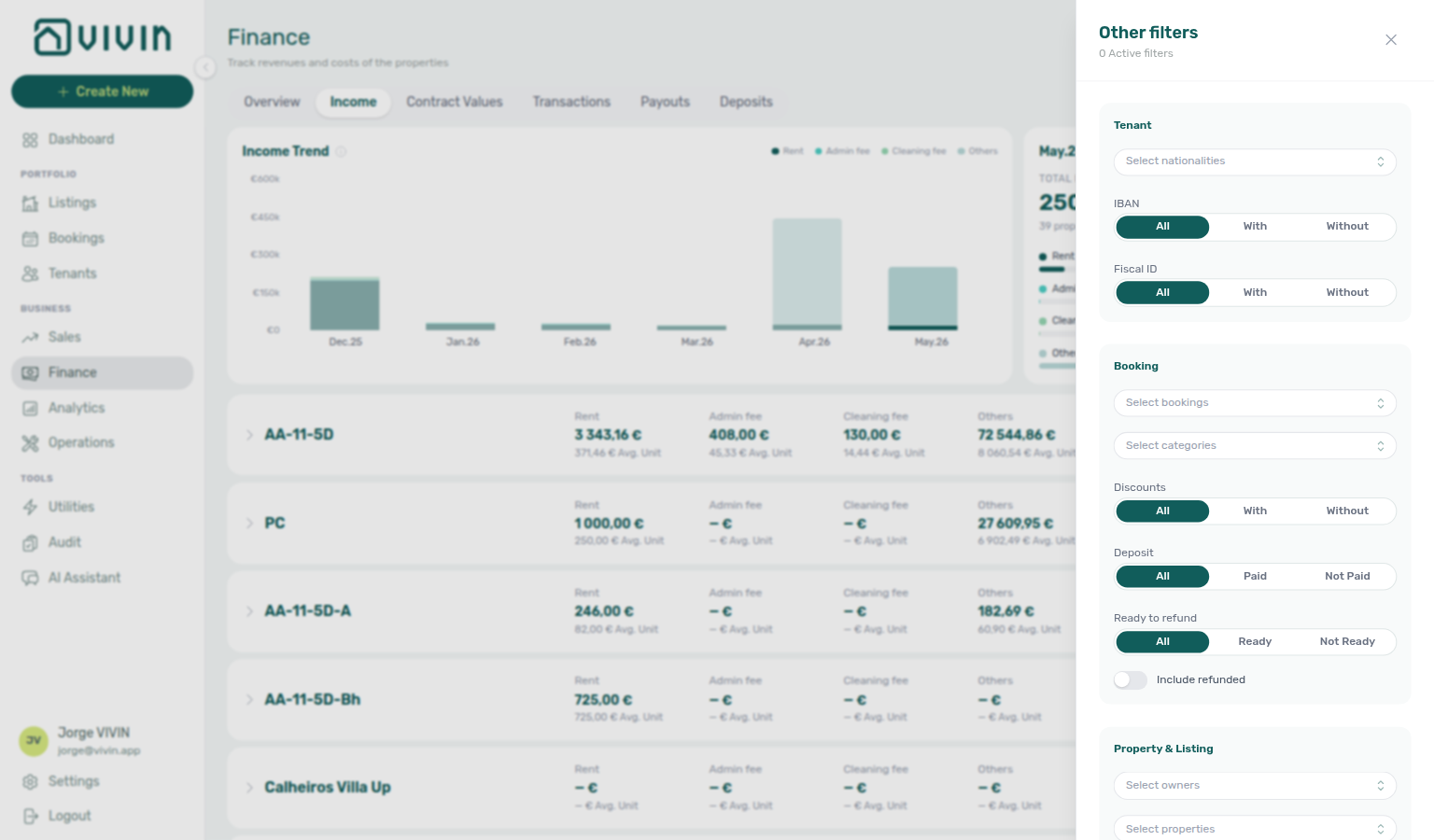 Finance Income tab — Other Filters drawer open with tenant, booking, and property sections