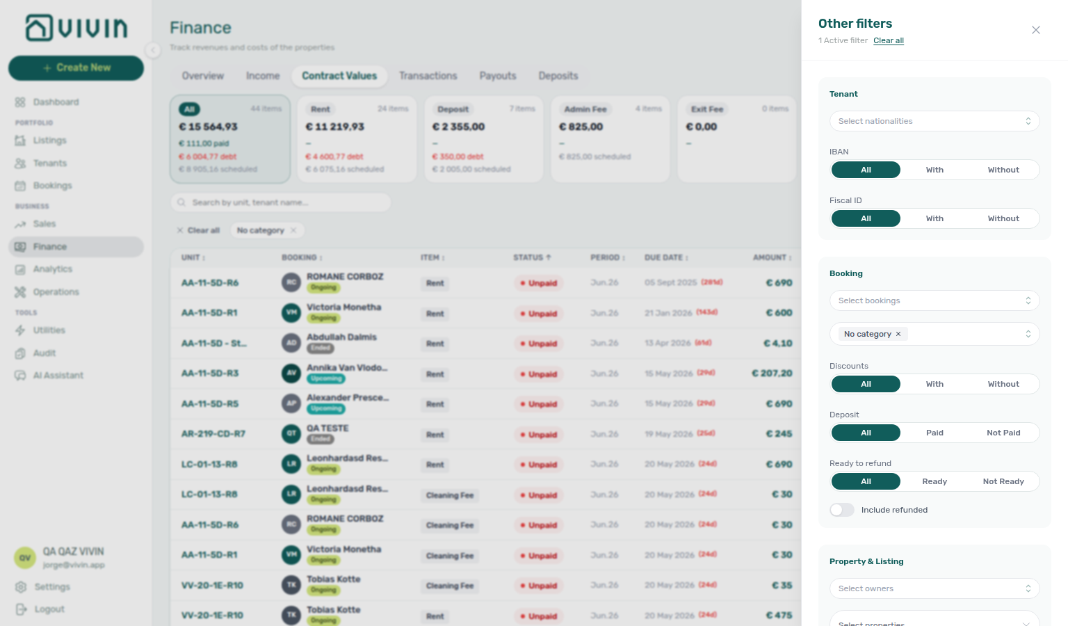 Finance Contract Values — Other filters drawer with Booking Select categories open and No category selected; toolbar pill matches the Bookings list behaviour