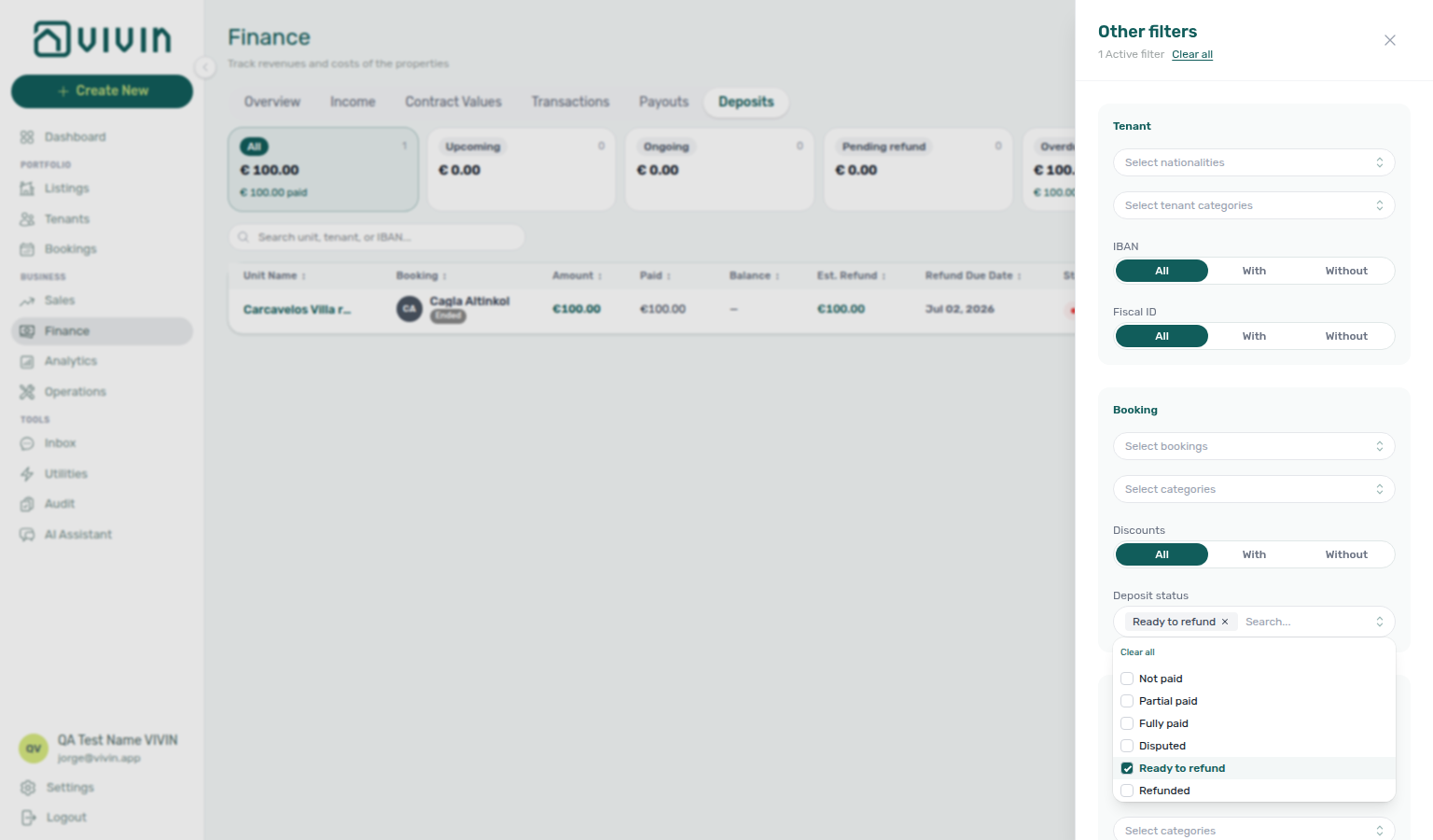 Finance — Deposits tab Other filters drawer with Deposit status set to Ready to refund