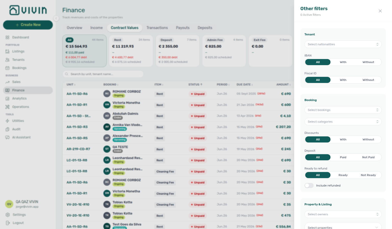 Finance Contract Values — Other filters drawer, Property &amp; Listing Select categories open (listing tags from GET /listings/tags)