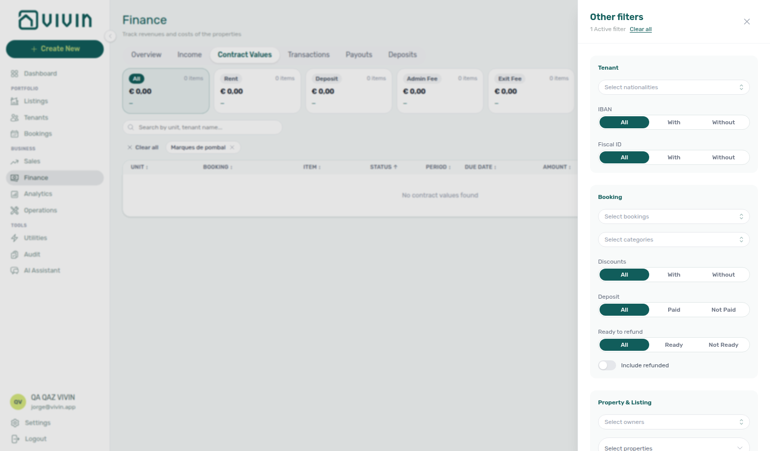 Finance Contract Values — active listing-tag filter pill on the toolbar after selecting a tag in Other filters