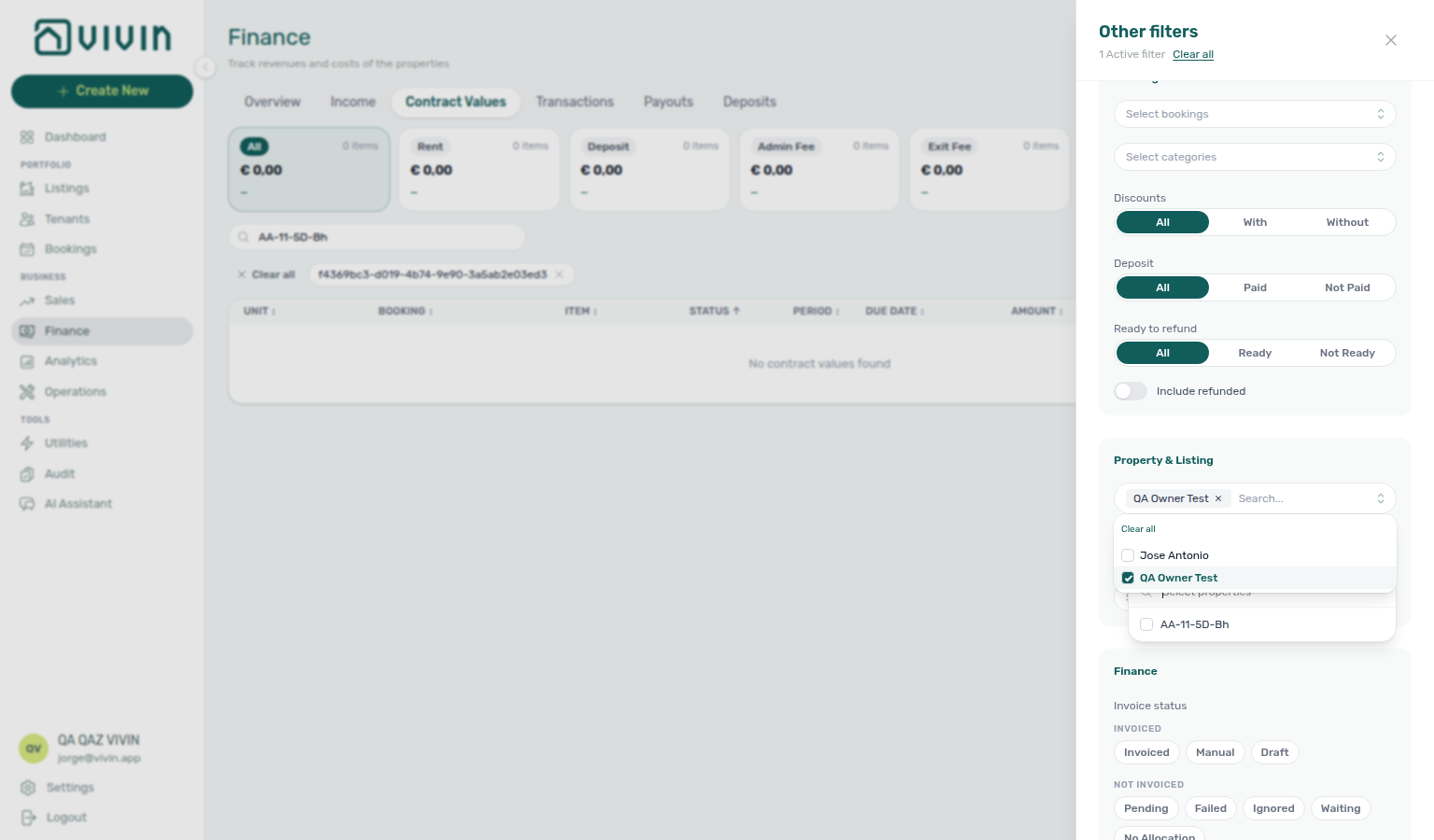 Finance Contract Values — Other filters drawer with Select owners narrowing the Property paged picker (example owner QA Owner Test → property AA-11-5D-Bh)